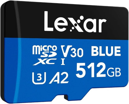 Lexar BLUE 512GB microSDXCカードを斜めから見た外観とA2・V30表記