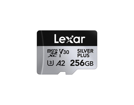Lexar SILVER PLUS 256GB microSDXCカードの表面とA2・V30表記